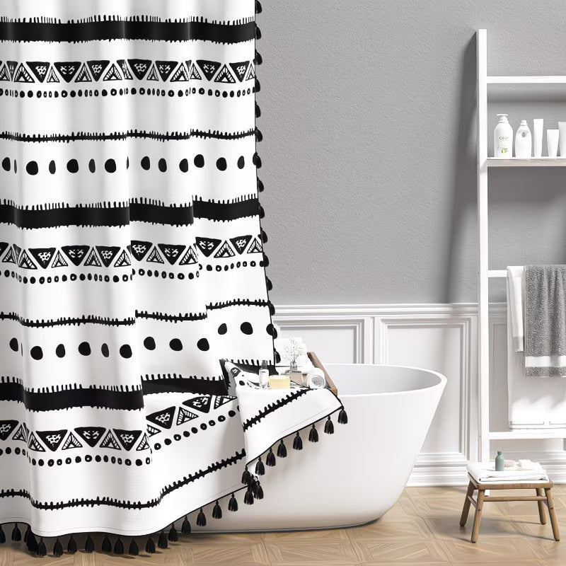 Boho Shower Curtain Black Striped Geometric Pattern | Tassel Bohemian Shower Curtain Modern Bathroom Home Decor with Hooks, Polyester, Machine Washable, Non- Fabric, 70x96 Inches