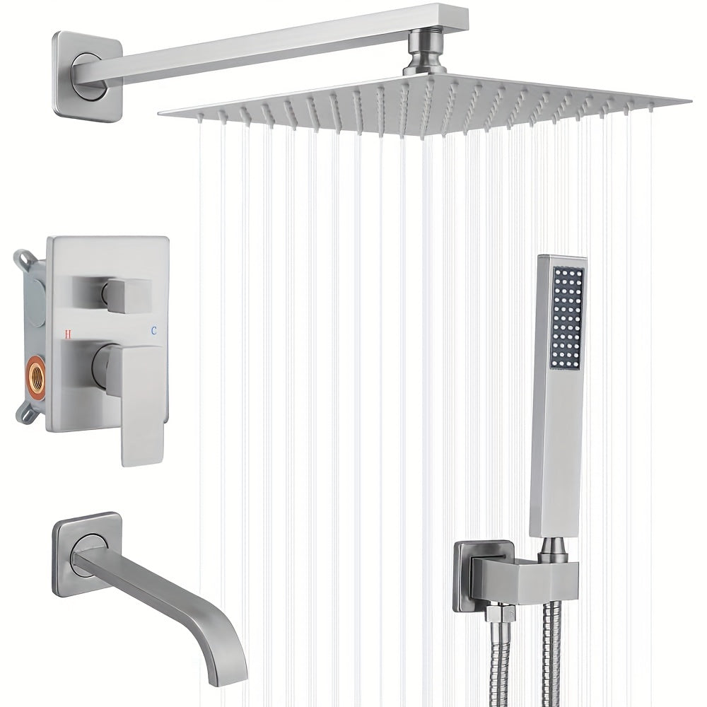 Brushed Golden Shower  Set with Tub Spout Bathroom Rainfall 12 Inch Shower Head System with Handheld Single Handle Shower Trim Kit with Rough-in Valve