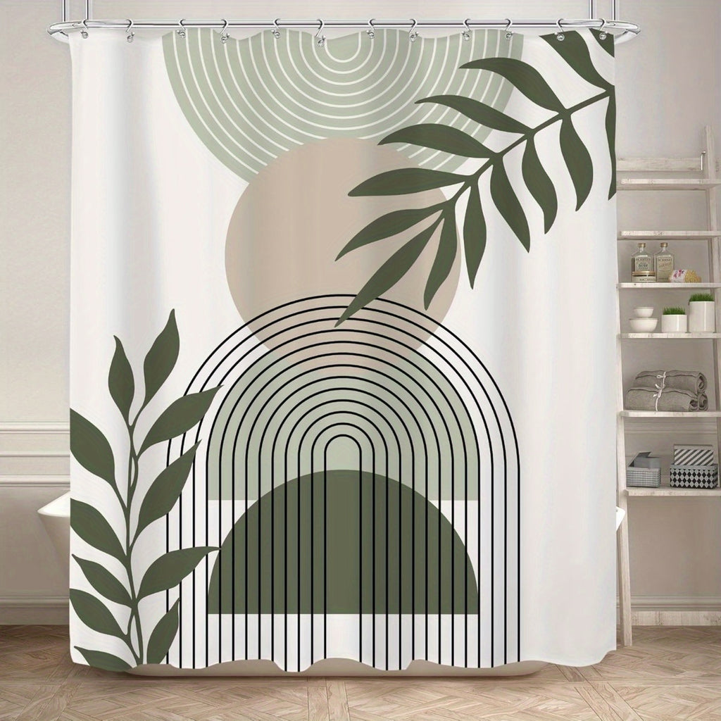 Sage Green Boho Shower Curtain 60Wx72H Abstract Modern Mid Century Bathroom Decor Aesthetic Leaves Geometric Arch Bohemian Minimalist Neutral Simple Fabric Polyester 12pcs Hook