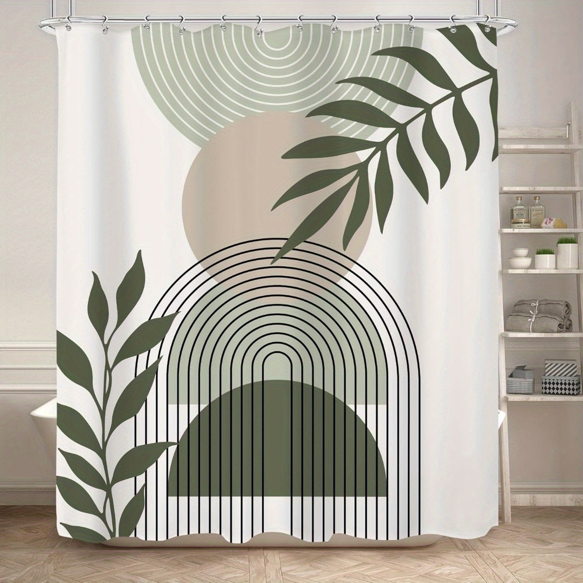 Sage Green Boho Shower Curtain 60Wx72H Abstract Modern Mid Century Bathroom Decor Aesthetic Leaves Geometric Arch Bohemian Minimalist Neutral Simple Fabric Polyester 12pcs Hook
