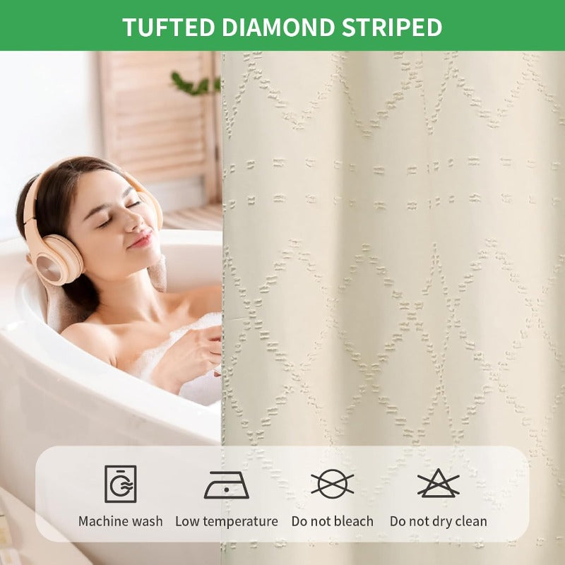 Cream Boho Tufted Chevron Shower Curtain & Fabric Liner Set - Textured Shabby Chic Bathroom Curtain with See-Through Top Window, No Hook\No Rod Installation