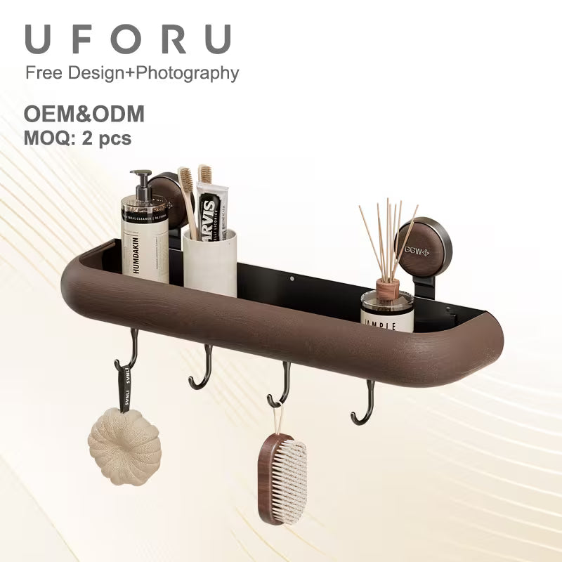 Mid-Century Modern Bathroom Storage Shelf - No Drill Suction Cup Wall Mount, Space-Saving Organizer for Vanity & Toilet Area