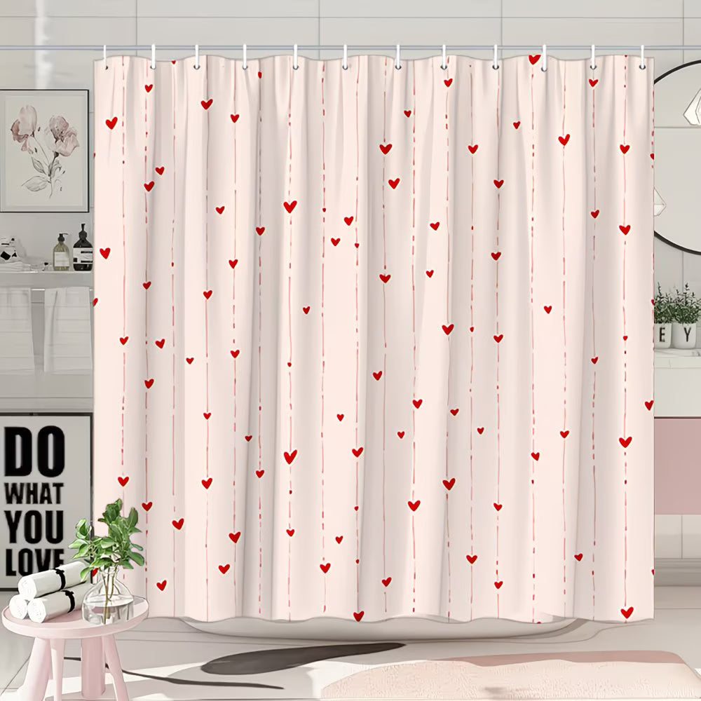 2D Flat, 2D Flat, 1pc Valentine'S Day Shower Curtain Featuring Adorable Red Hearts on a Polyester Fabric Background, Complete with 12 Hooks, Measuring 70.8X70.8 Inches, Perfect for Cheerful Bathroom Decor
