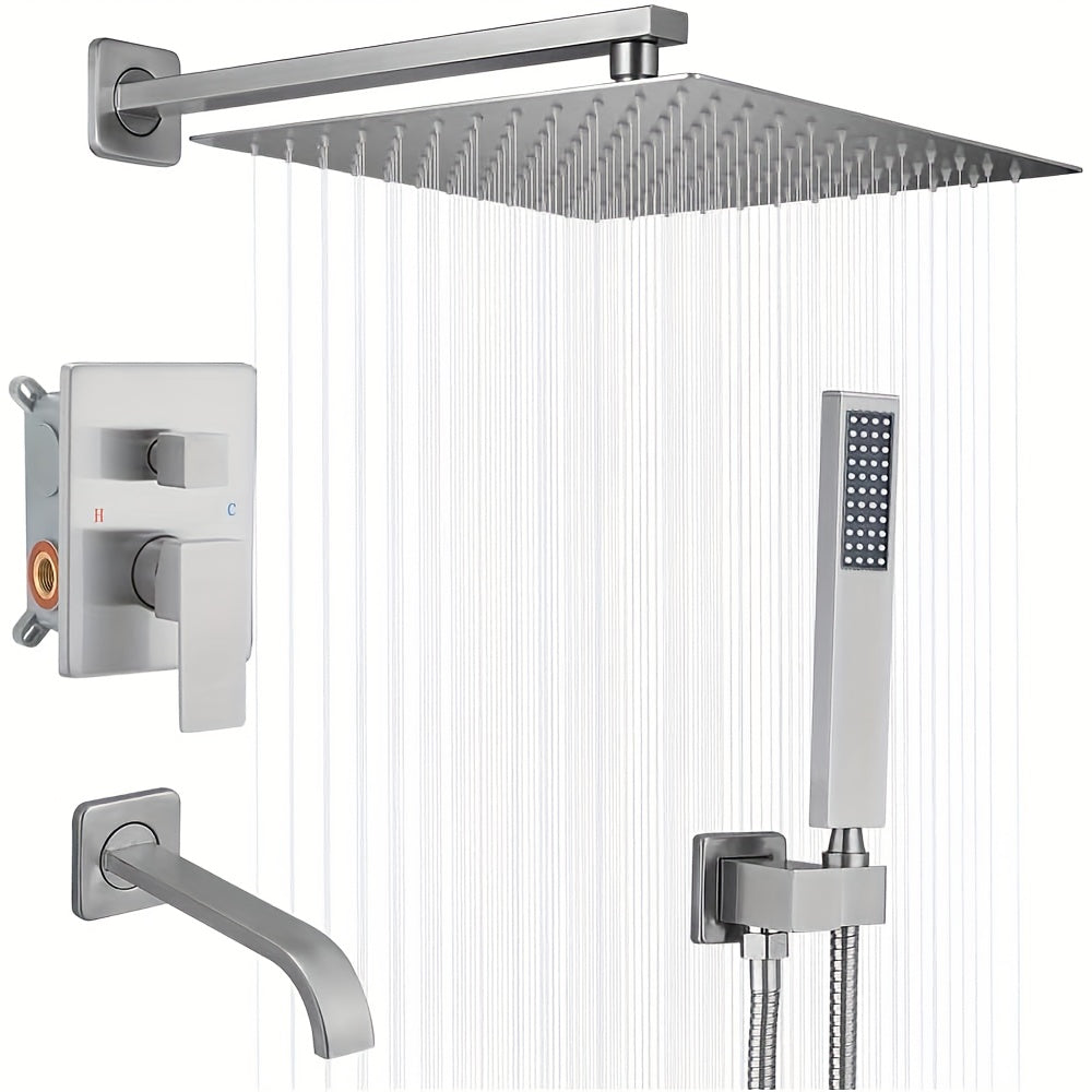 Brushed Golden Shower  Set with Tub Spout Bathroom Rainfall 12 Inch Shower Head System with Handheld Single Handle Shower Trim Kit with Rough-in Valve