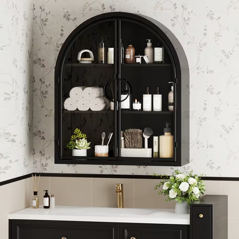 Arched Wall Cabinet Over Toilet | Full Metal Wall Mount Medicine Cabinet with Glass Doors, 3 Shelves, Dual Swing Door, No Assembly Required