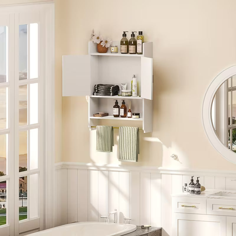Wall-Mounted Storage Cabinet for The Bathroom, Featuring Adjustable Shelves And a Towel Bar - Ideal for Hanging in The Bathroom, Laundry Room, Or Living Area, in White Color - a Great Gift Option
