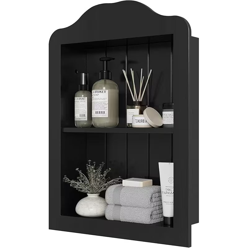 14\'\' X 18\'\' Recessed Medicine Cabinet, Solid Wood In-Wall Bathroom Cabinet, Victorian Wall Niche Shelf, 2-Tier, Black (Solely Black/14\'X18\'X3.75\')