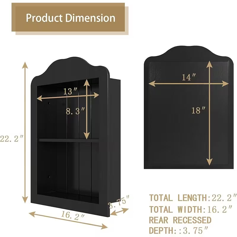 14\'\' X 18\'\' Recessed Medicine Cabinet, Solid Wood In-Wall Bathroom Cabinet, Victorian Wall Niche Shelf, 2-Tier, Black (Solely Black/14\'X18\'X3.75\')