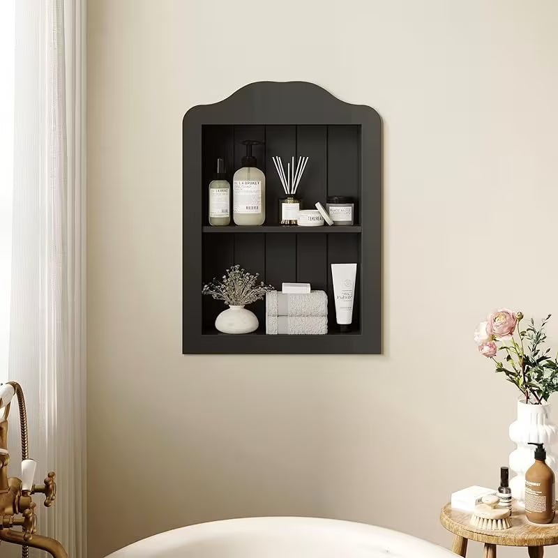 14\'\' X 18\'\' Recessed Medicine Cabinet, Solid Wood In-Wall Bathroom Cabinet, Victorian Wall Niche Shelf, 2-Tier, Black (Solely Black/14\'X18\'X3.75\')