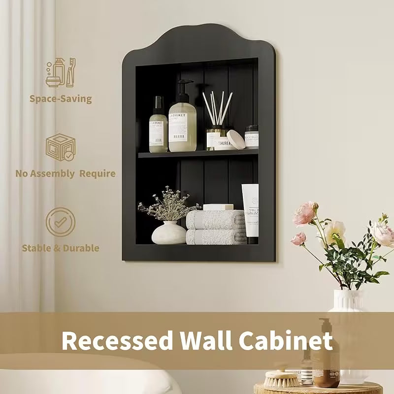 14\'\' X 18\'\' Recessed Medicine Cabinet, Solid Wood In-Wall Bathroom Cabinet, Victorian Wall Niche Shelf, 2-Tier, Black (Solely Black/14\'X18\'X3.75\')