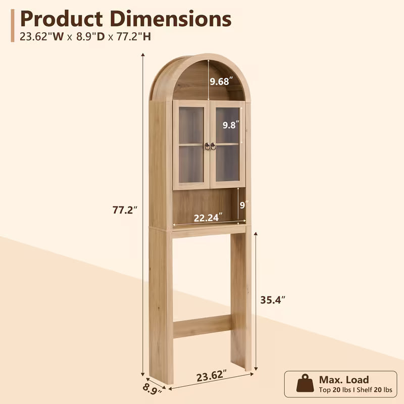Modern Bathroom Organizer Shelf Designed to Fit Over The Toilet, Featuring Acrylic Doors And an Adjustable Wooden Shelf for Compact Storage