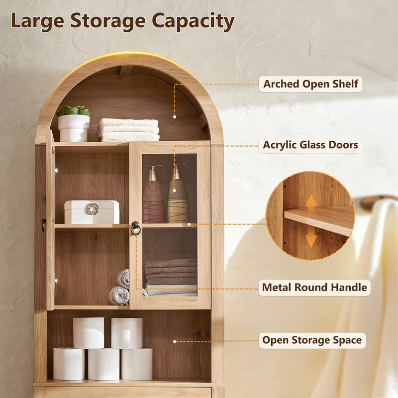 Modern Bathroom Organizer Shelf Designed to Fit Over The Toilet, Featuring Acrylic Doors And an Adjustable Wooden Shelf for Compact Storage