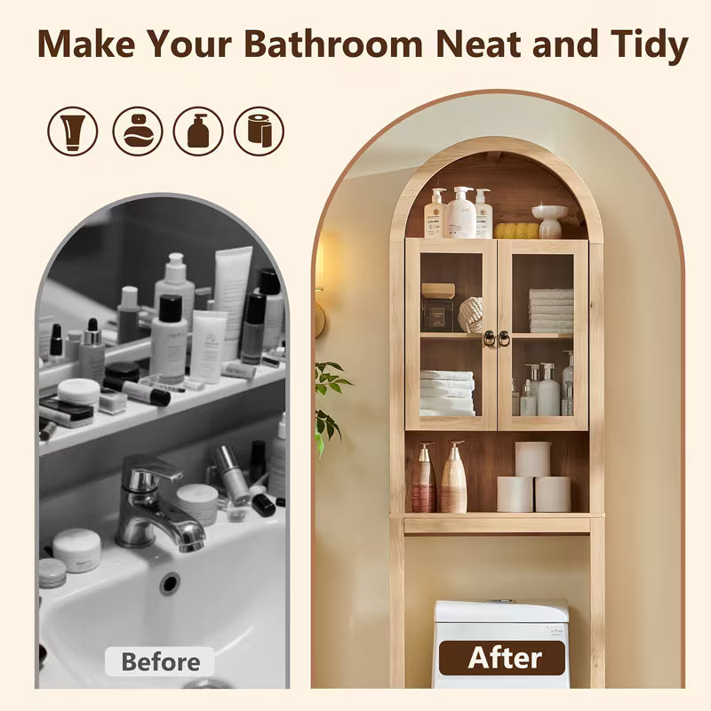 Modern Bathroom Organizer Shelf Designed to Fit Over The Toilet, Featuring Acrylic Doors And an Adjustable Wooden Shelf for Compact Storage