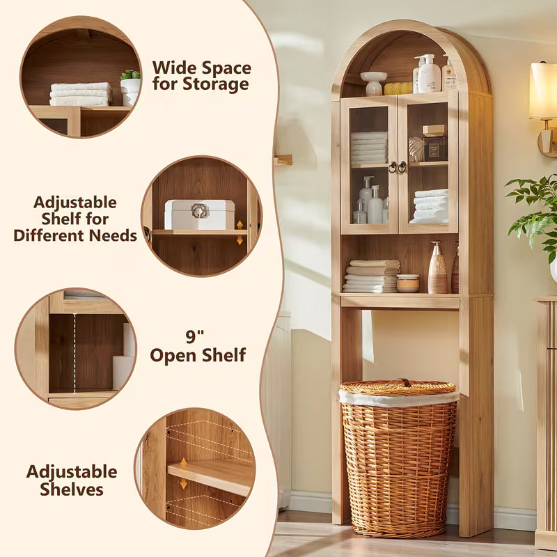 Modern Bathroom Organizer Shelf Designed to Fit Over The Toilet, Featuring Acrylic Doors And an Adjustable Wooden Shelf for Compact Storage