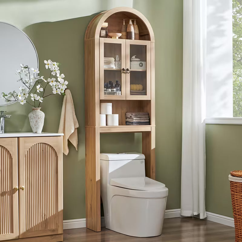 Modern Bathroom Organizer Shelf Designed to Fit Over The Toilet, Featuring Acrylic Doors And an Adjustable Wooden Shelf for Compact Storage