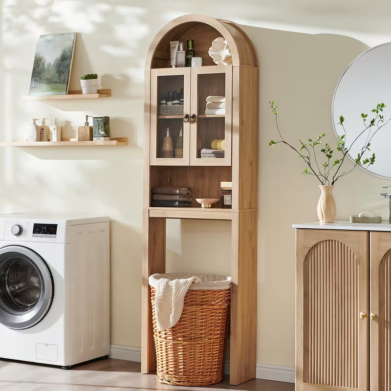 Modern Bathroom Organizer Shelf Designed to Fit Over The Toilet, Featuring Acrylic Doors And an Adjustable Wooden Shelf for Compact Storage
