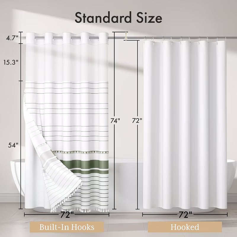 Boho Sage Green Shower Curtain and Liner Set with Sheer Privacy Window - Heavy-Duty High Quality Bathroom Curtain, No-Hook Installation, Tassel Trim, Machine Washable, 74x72 Inch (Fits Standard Bathtub) - Bohemian Farmhouse Decor