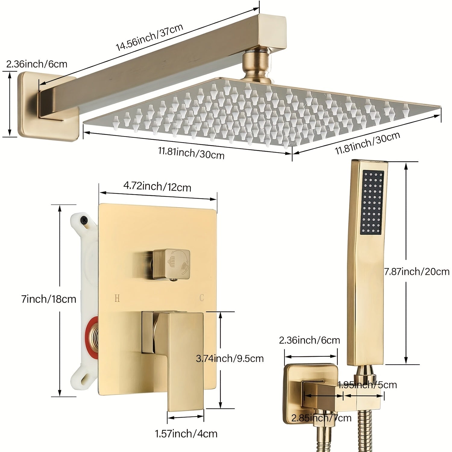 Luxury Bathroom Shower Set Featuring a Brushed Golden Wall-Mounted High-Pressure Rain Shower with a Handheld Sprayer, Complete with Valve Body And Finishing Components