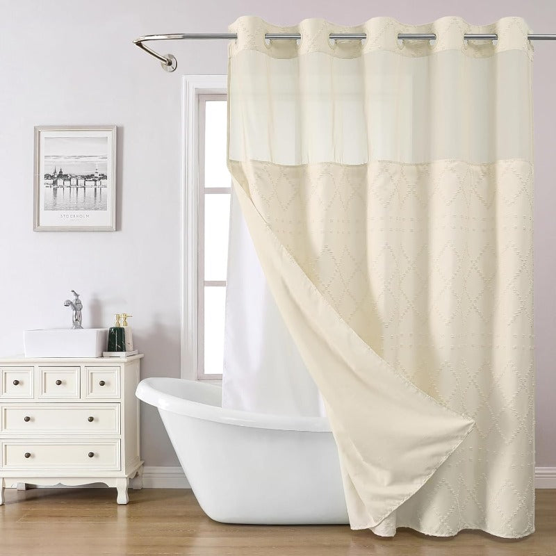 Cream Boho Tufted Chevron Shower Curtain & Fabric Liner Set - Textured Shabby Chic Bathroom Curtain with See-Through Top Window, No Hook\No Rod Installation
