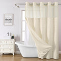 Cream Boho Tufted Chevron Shower Curtain & Fabric Liner Set - Textured Shabby Chic Bathroom Curtain with See-Through Top Window, No Hook\No Rod Installation