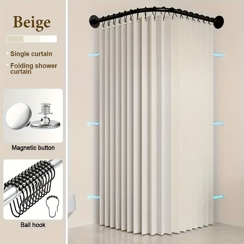 A Foldable Gray Privacy Shower Curtain with Black Grommet Eyelet Hooks, Made of Wavy-folded