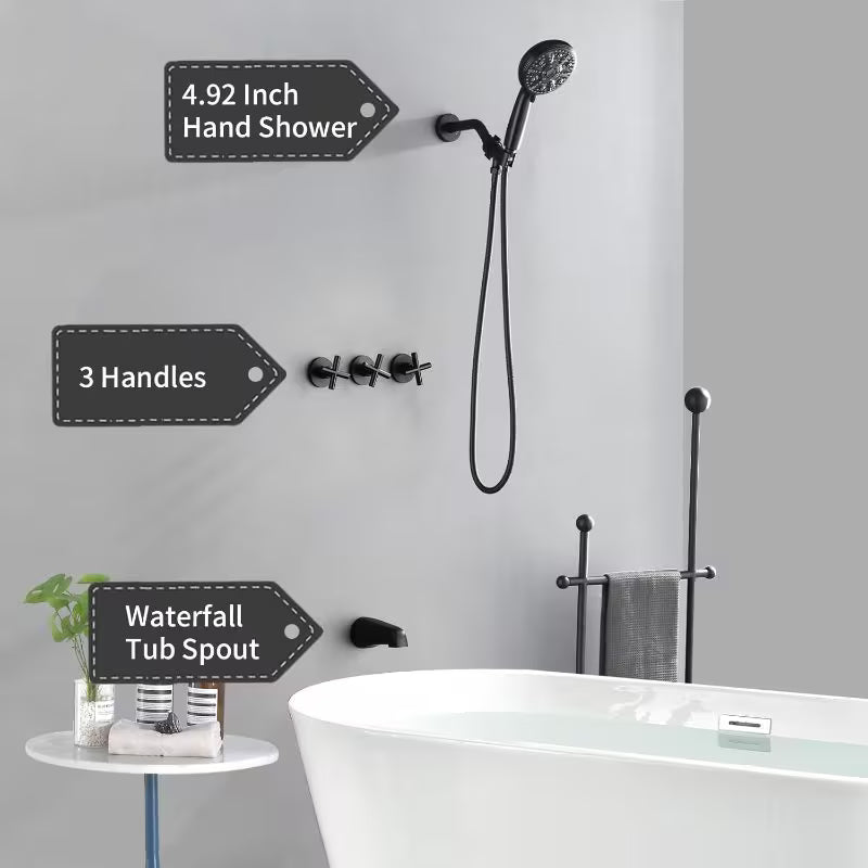 3-Handle Modern Tub and Shower System with Handheld Shower - Matte Black Bath Fixture, Wall-Mounted Shower Kit with Bathtub Spout, Handheld Spray & Trim (Compatible with Tubs)
