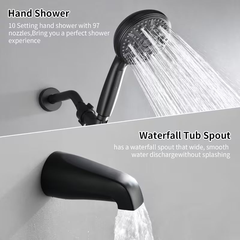 3-Handle Modern Tub and Shower System with Handheld Shower - Matte Black Bath Fixture, Wall-Mounted Shower Kit with Bathtub Spout, Handheld Spray & Trim (Compatible with Tubs)