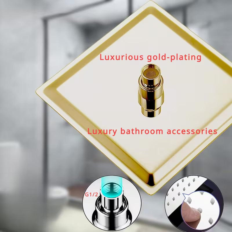 1pcs Golden Square Rain Shower Head Ceiling/Wall-Mounted - 8-Inch Bath System with Waterfall & Rainfall Modes, Ultra-Thin Suitable for Full Body Coverage, Luxury Shower Fixture for Modern Bathrooms,for Shower Use Only