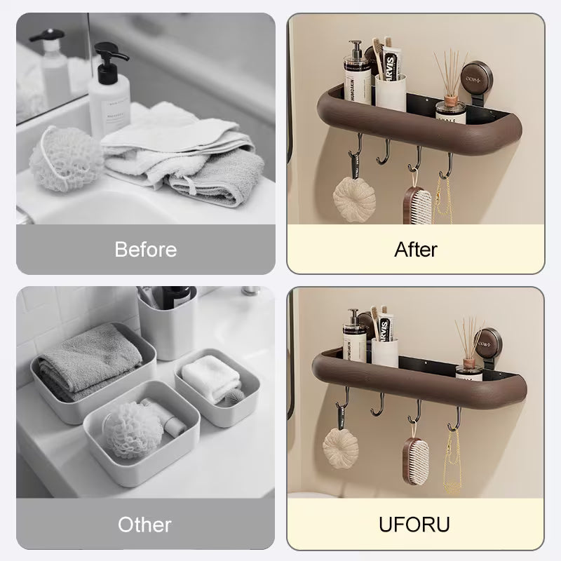 Mid-Century Modern Bathroom Storage Shelf - No Drill Suction Cup Wall Mount, Space-Saving Organizer for Vanity & Toilet Area
