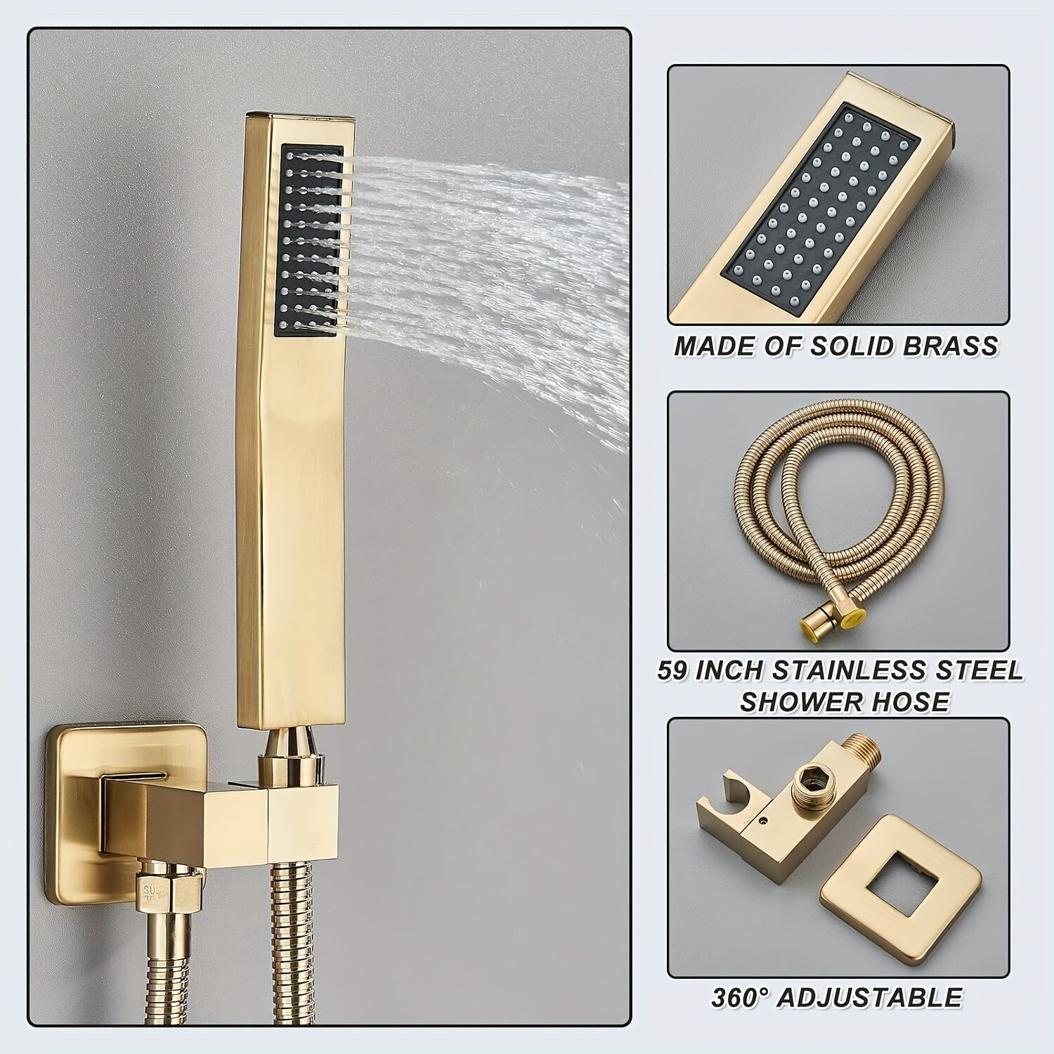 Luxury Bathroom Shower Set Featuring a Brushed Golden Wall-Mounted High-Pressure Rain Shower with a Handheld Sprayer, Complete with Valve Body And Finishing Components