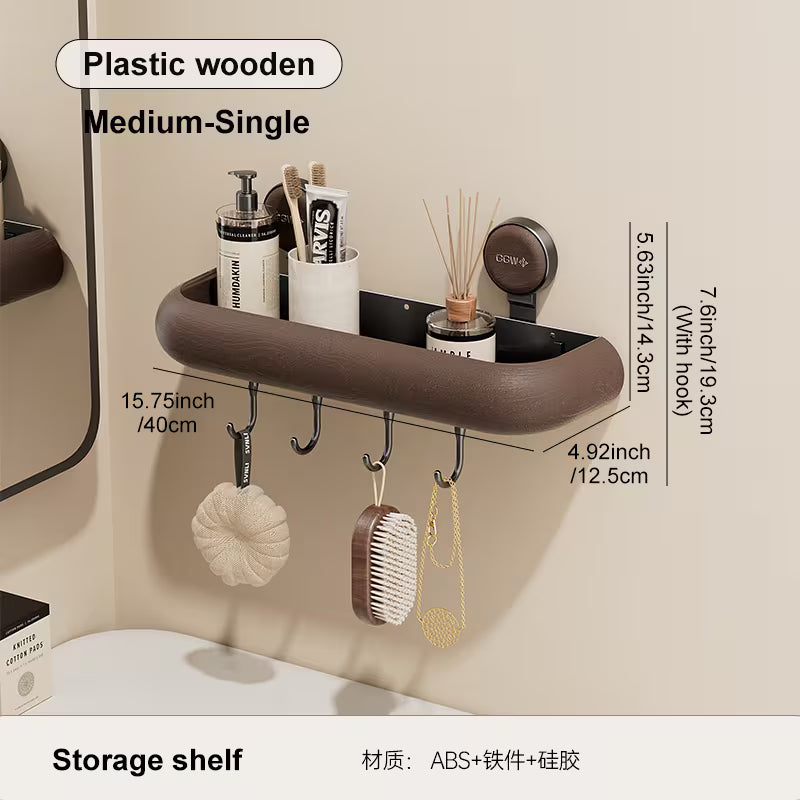 Mid-Century Modern Bathroom Storage Shelf - No Drill Suction Cup Wall Mount, Space-Saving Organizer for Vanity & Toilet Area