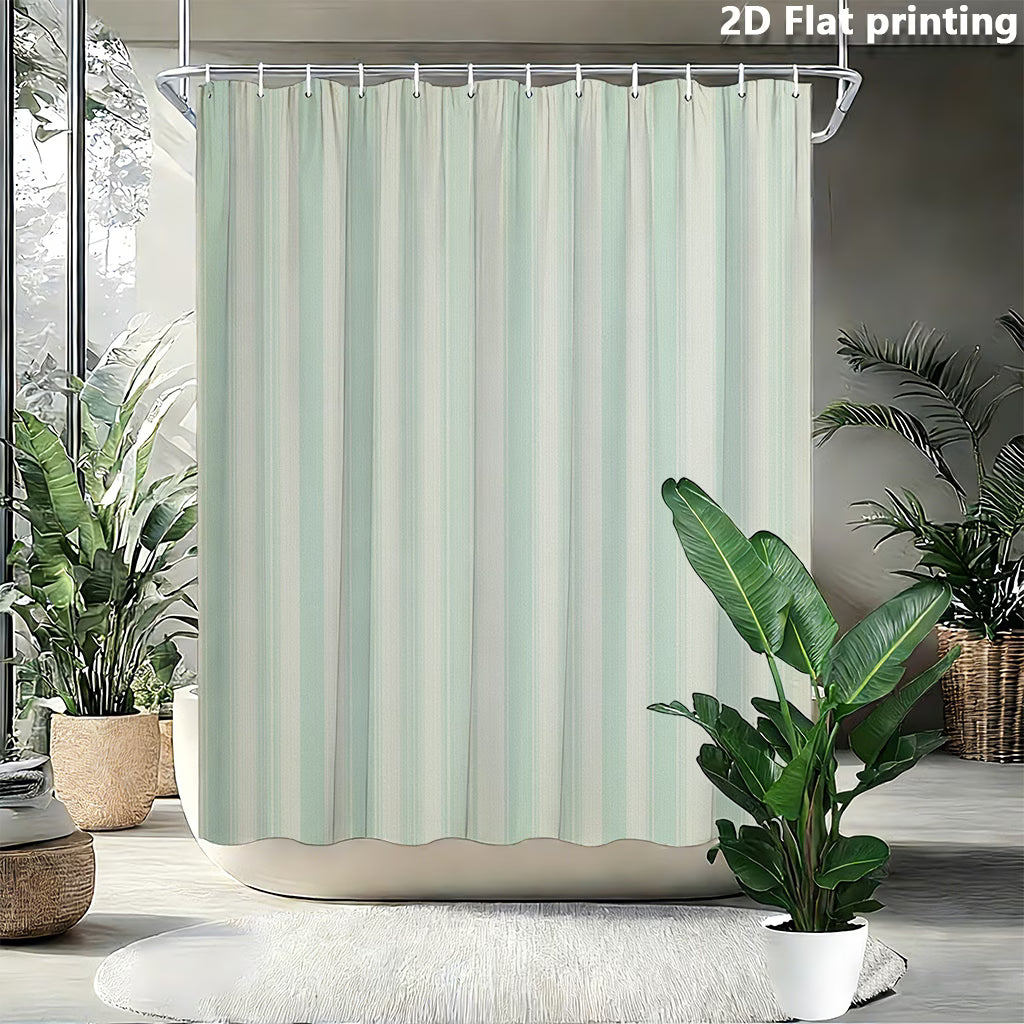 1pc Shower Curtain with 2D Flat Printed Design in Light Green And Light Gray Vertical Stripes, Featuring Hooks. Made of Polyester Fabric, Suitable for Windows And Walls, Bathtubs, And Bathroom Home Decor. Universal for All Seasons