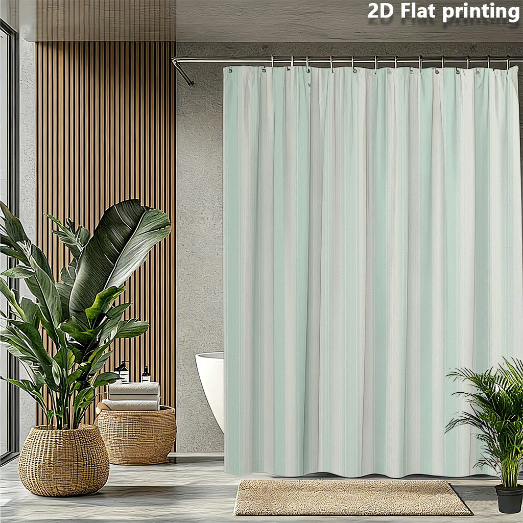 1pc Shower Curtain with 2D Flat Printed Design in Light Green And Light Gray Vertical Stripes, Featuring Hooks. Made of Polyester Fabric, Suitable for Windows And Walls, Bathtubs, And Bathroom Home Decor. Universal for All Seasons
