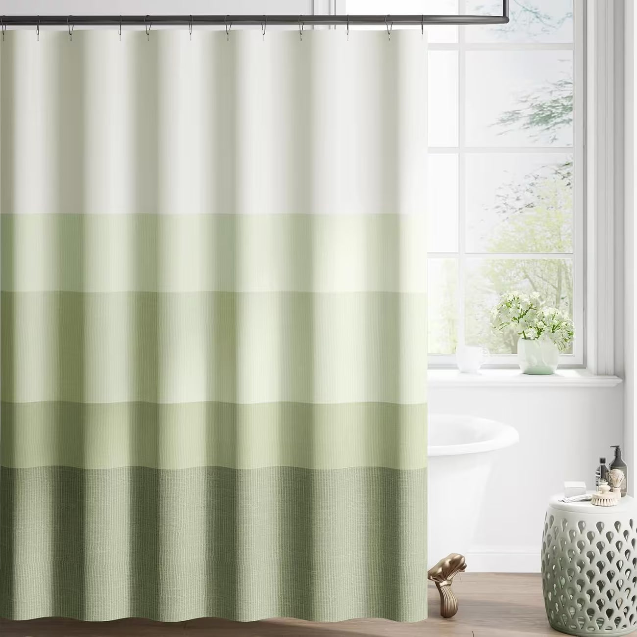 1pc a Premium Shower Curtain Featuring a Golden Butterfly Gradient on a Forest Green Striped Background, Designed with a Modern Minimalist Style And Comes with 12 Hooks