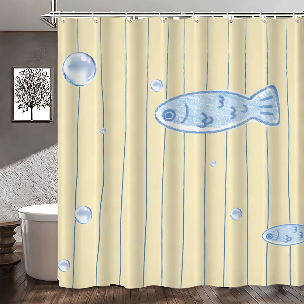 2D Minimal Fish 1pc Lightweight Shower Curtain with Hooks, Blue Small Fish Bubble Vertical Stripe Pattern Bathroom Partition Curtains, Home Decor, Aesthetic Room Decoration Hanging Curtain, Toilet Bathroom Partition Curtain
