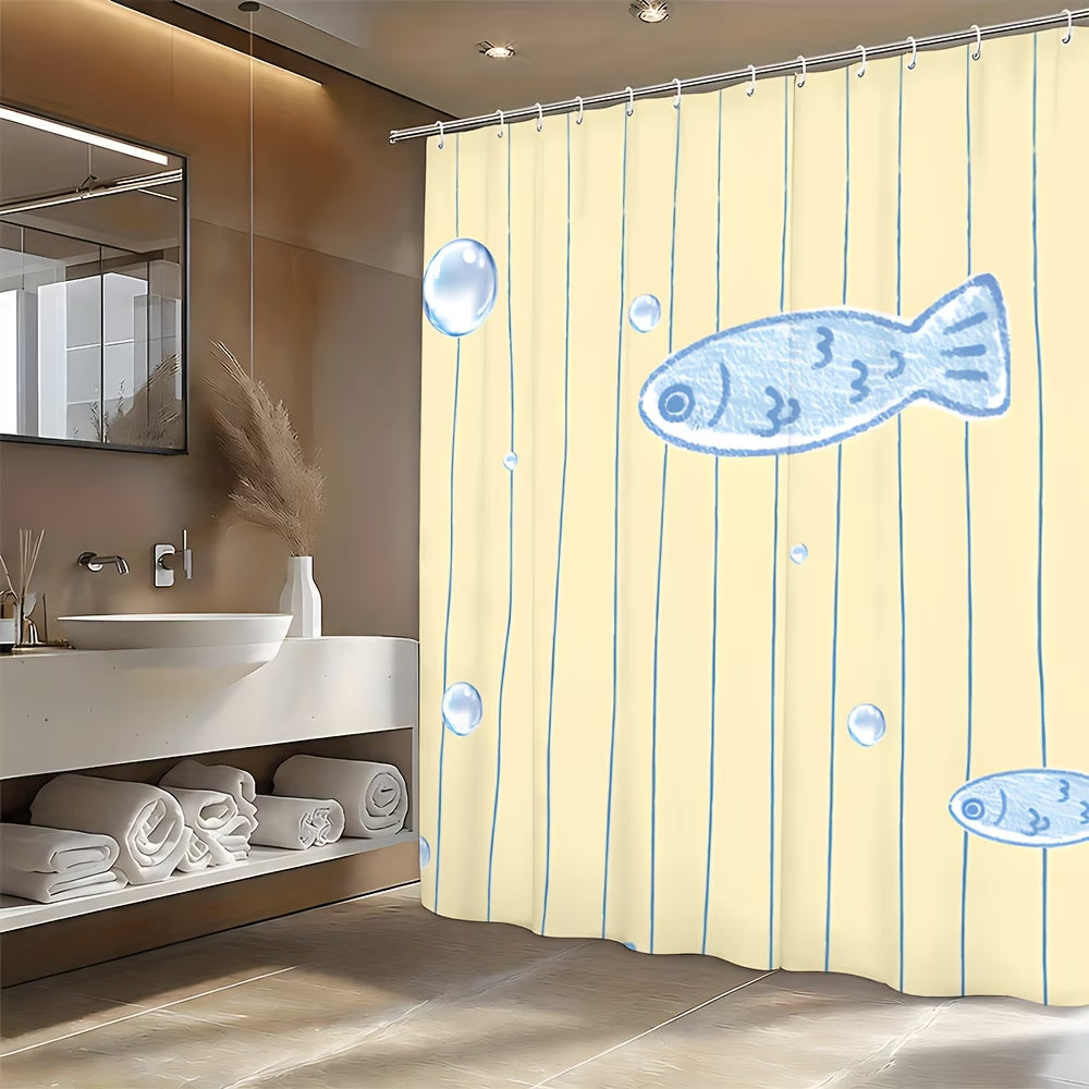 2D Minimal Fish 1pc Lightweight Shower Curtain with Hooks, Blue Small Fish Bubble Vertical Stripe Pattern Bathroom Partition Curtains, Home Decor, Aesthetic Room Decoration Hanging Curtain, Toilet Bathroom Partition Curtain