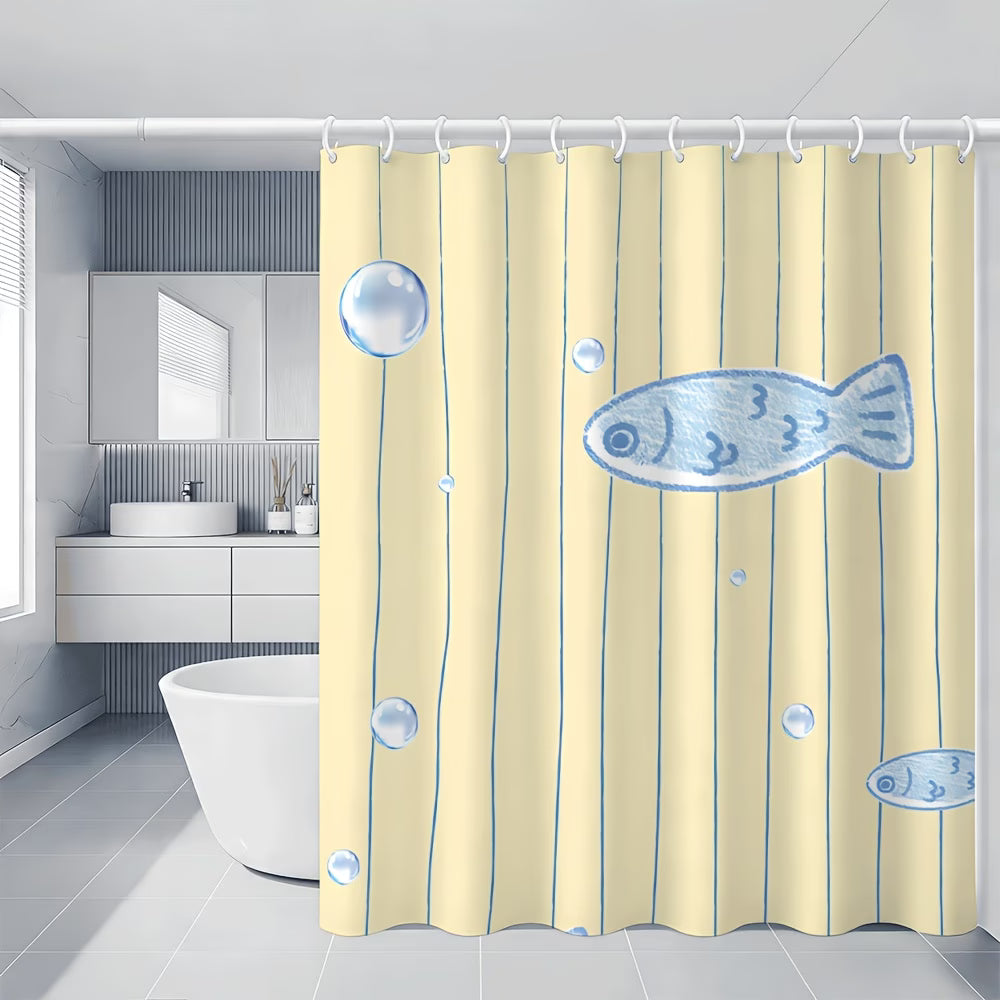 2D Minimal Fish 1pc Lightweight Shower Curtain with Hooks, Blue Small Fish Bubble Vertical Stripe Pattern Bathroom Partition Curtains, Home Decor, Aesthetic Room Decoration Hanging Curtain, Toilet Bathroom Partition Curtain