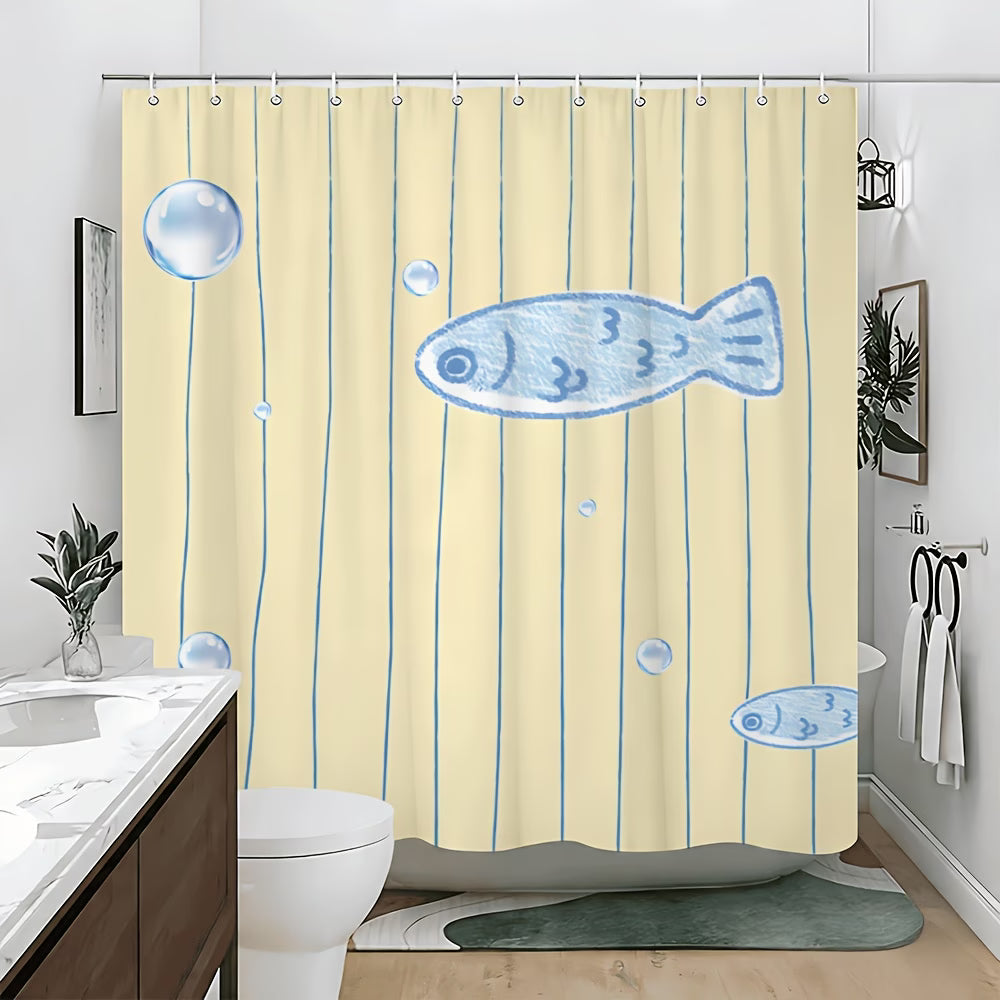 2D Minimal Fish 1pc Lightweight Shower Curtain with Hooks, Blue Small Fish Bubble Vertical Stripe Pattern Bathroom Partition Curtains, Home Decor, Aesthetic Room Decoration Hanging Curtain, Toilet Bathroom Partition Curtain