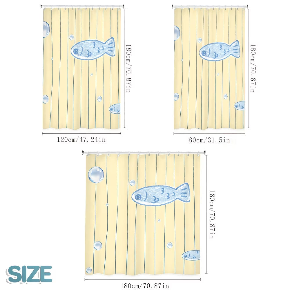 2D Minimal Fish 1pc Lightweight Shower Curtain with Hooks, Blue Small Fish Bubble Vertical Stripe Pattern Bathroom Partition Curtains, Home Decor, Aesthetic Room Decoration Hanging Curtain, Toilet Bathroom Partition Curtain
