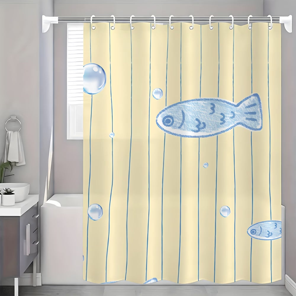 2D Minimal Fish 1pc Lightweight Shower Curtain with Hooks, Blue Small Fish Bubble Vertical Stripe Pattern Bathroom Partition Curtains, Home Decor, Aesthetic Room Decoration Hanging Curtain, Toilet Bathroom Partition Curtain