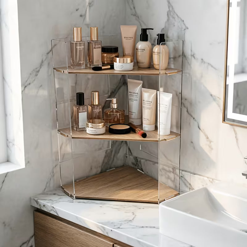 3-Tier Corner Bathroom Storage Rack, Fashionable Floating Shelf Organizer for Cosmetics, Perfumes, And Personal Care Items, Compact Countertop Tray for Bathroom, Vanity, Kitchen, Bathroom Trays