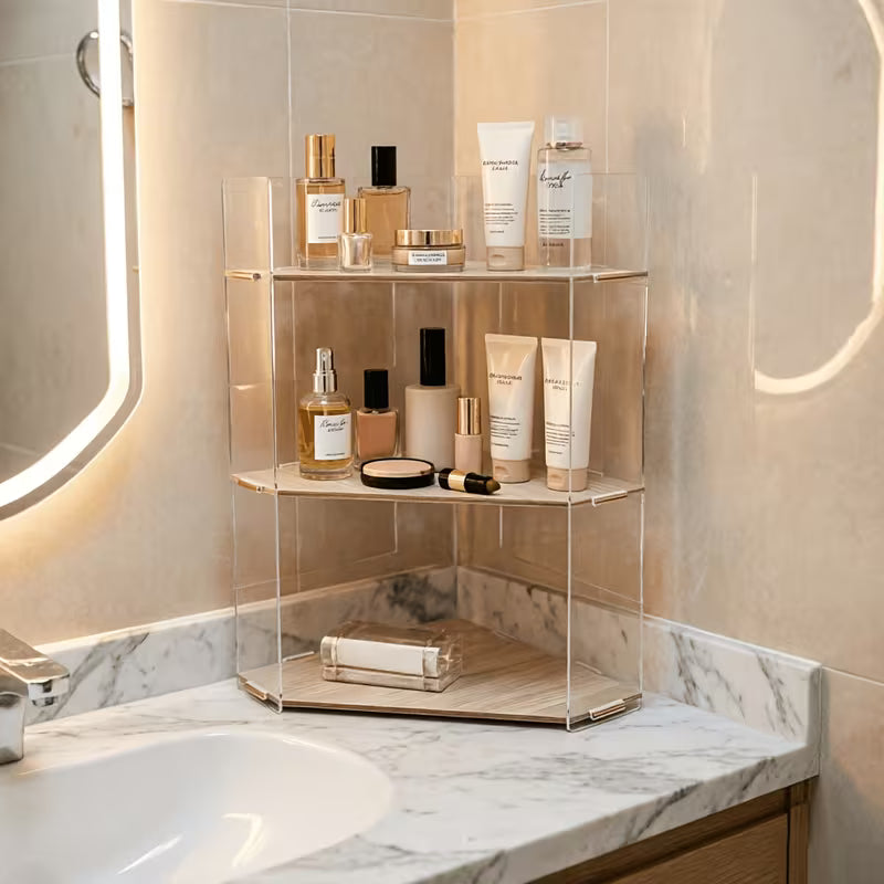 3-Tier Corner Bathroom Storage Rack, Fashionable Floating Shelf Organizer for Cosmetics, Perfumes, And Personal Care Items, Compact Countertop Tray for Bathroom, Vanity, Kitchen, Bathroom Trays