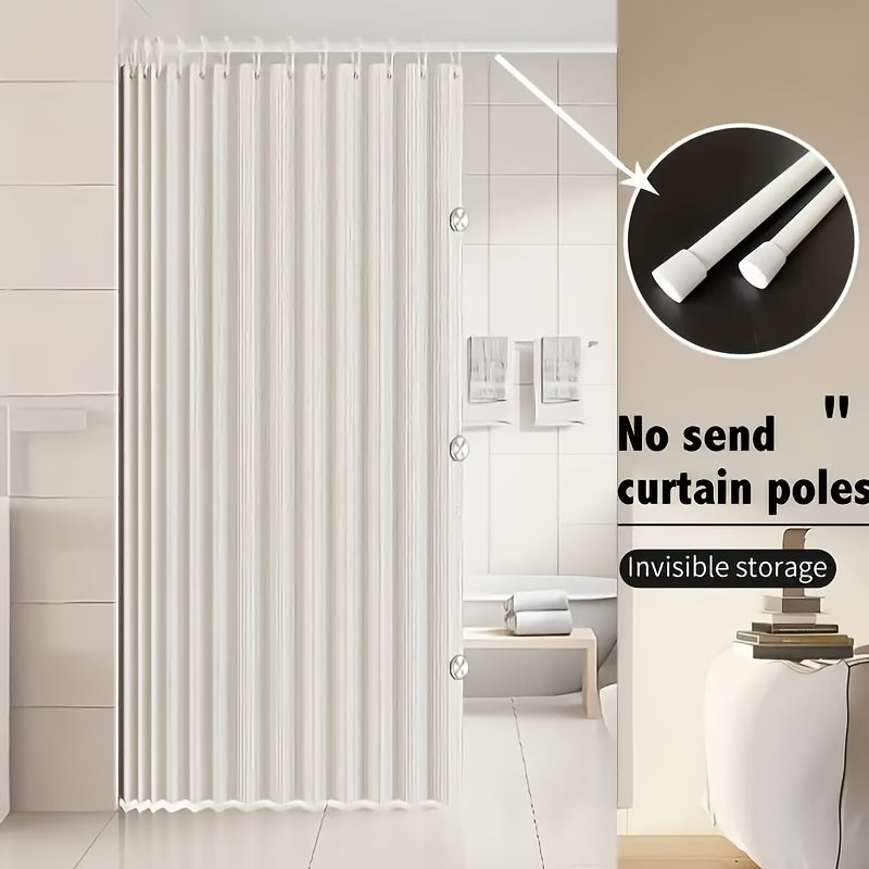 A Foldable Gray Privacy Shower Curtain with Black Grommet Eyelet Hooks, Made of Wavy-folded