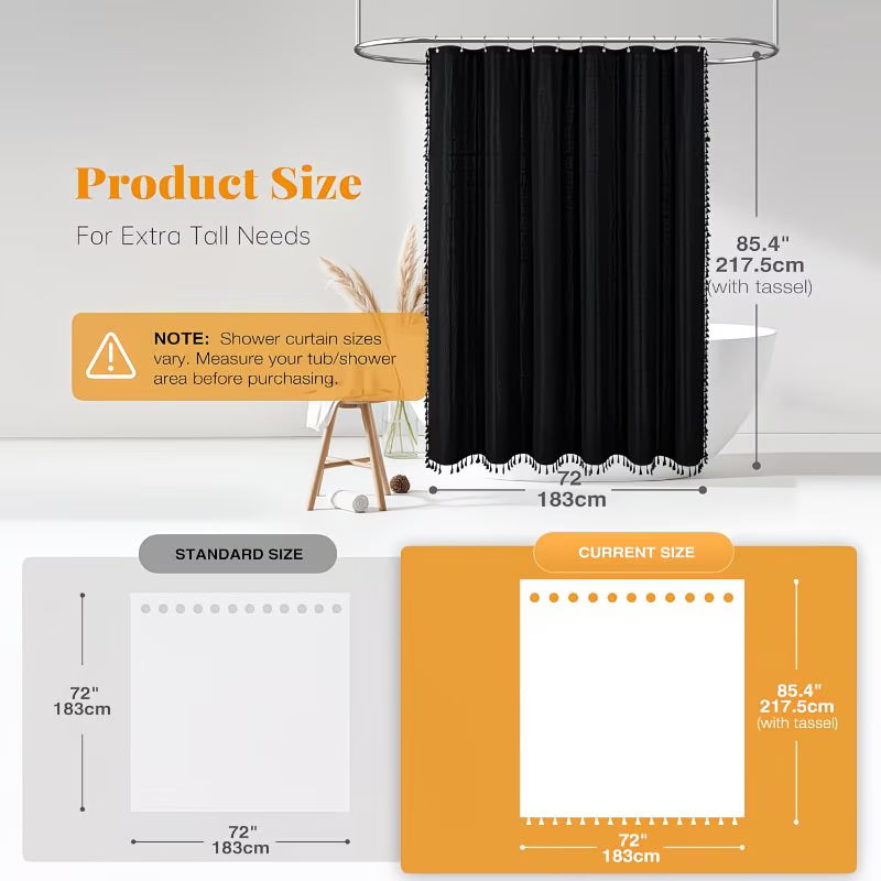 Extra Long Shower Curtain 72x84 Inch - Heavy-Duty Weighted Thick -Like (Black) with Boho Chic Tassel Trim & Grommet Top - Modern Farmhouse Bathroom Curtain Set with Hooks, Machine Washable Tall Bath Window Drapery