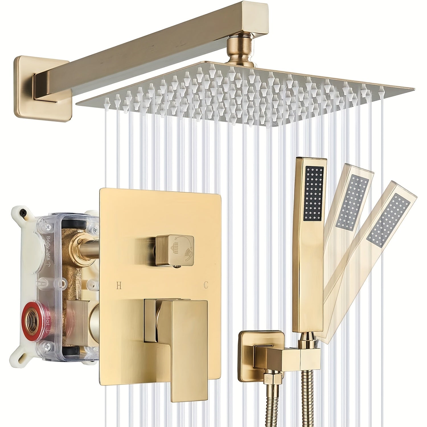 Luxury Bathroom Shower Set Featuring a Brushed Golden Wall-Mounted High-Pressure Rain Shower with a Handheld Sprayer, Complete with Valve Body And Finishing Components