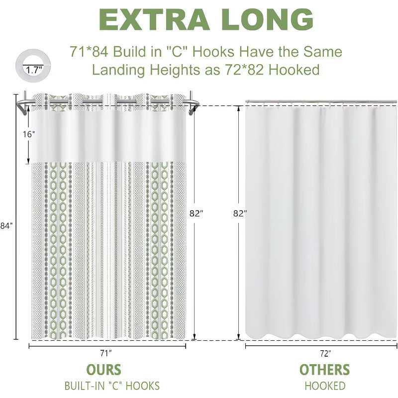No Hook Shower Curtain with Snap in Liner and Sheer Window | Modern Hotel Style, Polyester, Green and White, 71 X 84 Inches, Machine Washable, Quick Install