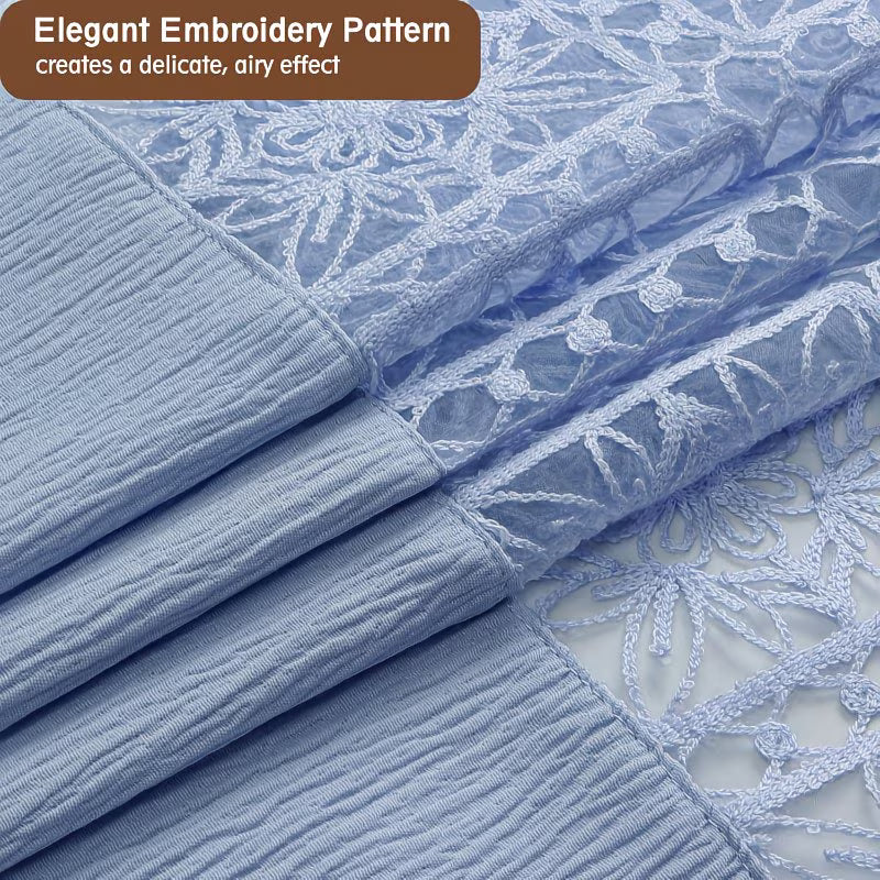 Extra Long Sky Blue Shower Curtain | 96 Inch Long Textured Crinkle Fabric with Embroidery Cutwork, Soft Heavy Weighted, Machine Washable, Polyester, Luxurious Bathroom Decor 72Wx96L Inches
