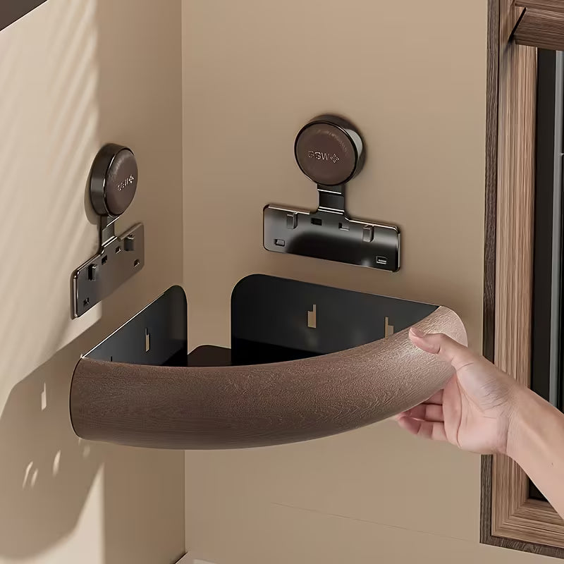 Vintage-Style Bathroom Shelf with Suction Cups, No Drilling Required, Triangular Corner Design for Wood Grain Shower Storage