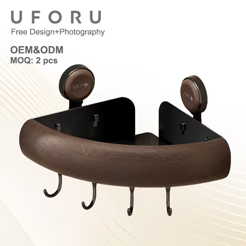 Vintage-Style Bathroom Shelf with Suction Cups, No Drilling Required, Triangular Corner Design for Wood Grain Shower Storage