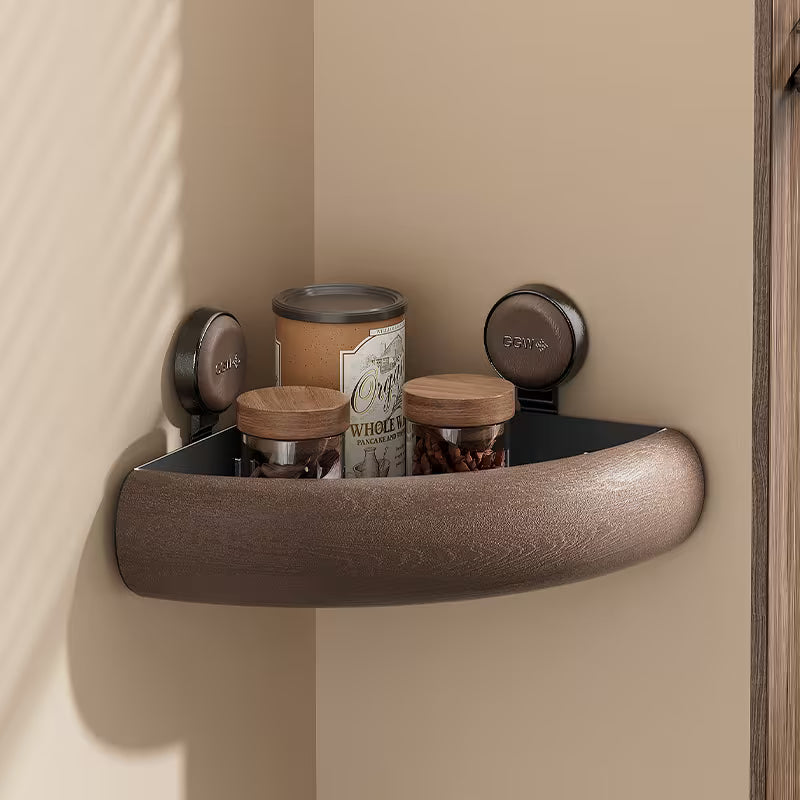 Vintage-Style Bathroom Shelf with Suction Cups, No Drilling Required, Triangular Corner Design for Wood Grain Shower Storage